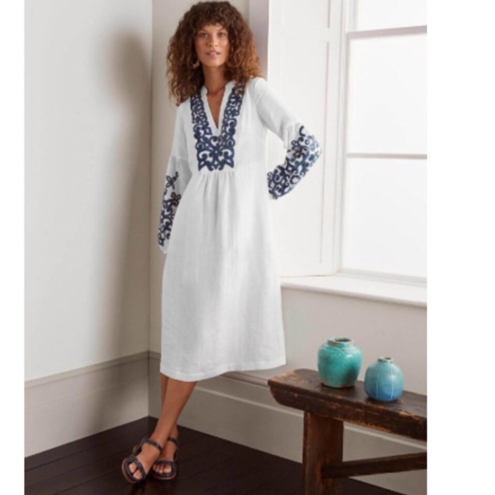 Boden Leonie Embroidered Linen Midi Dress White Navy 8R W0691 Boho Coastal
